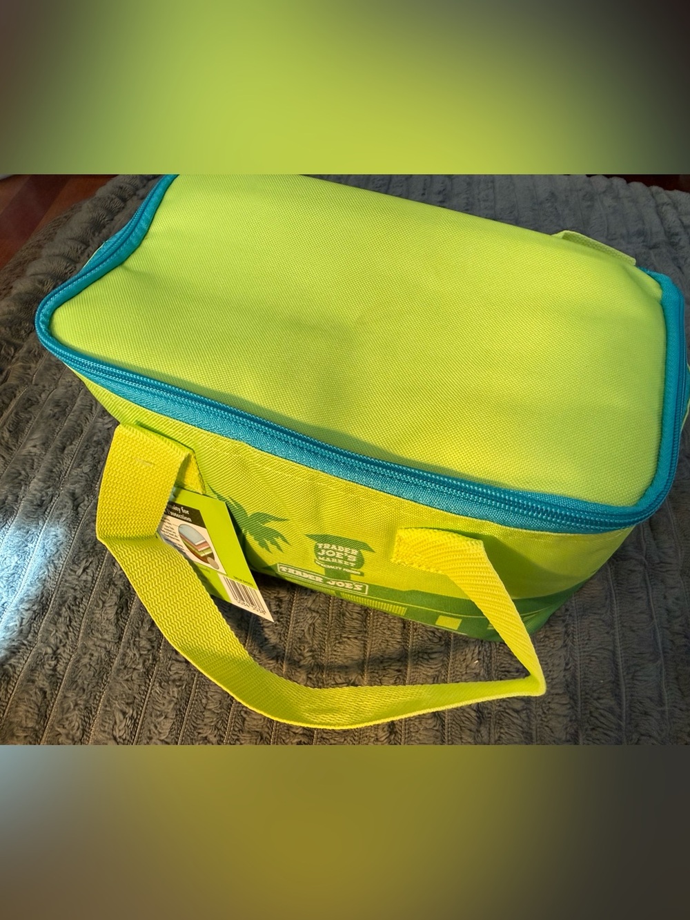 Neon Lime Insulated Lunch Tote with Blue Zipper